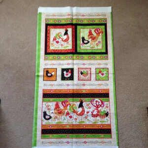 Fabric Panel Cotton Material Quilting Sewing Chicken Roosters  'Pecking Order"